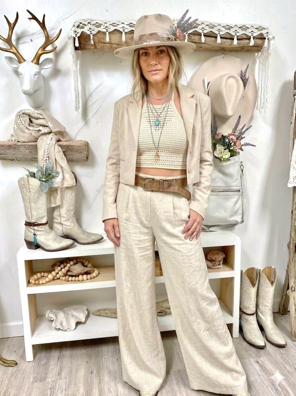 Oak + Fort Trendy cropped summer boho blazer w midcentury retro minimalist vibe